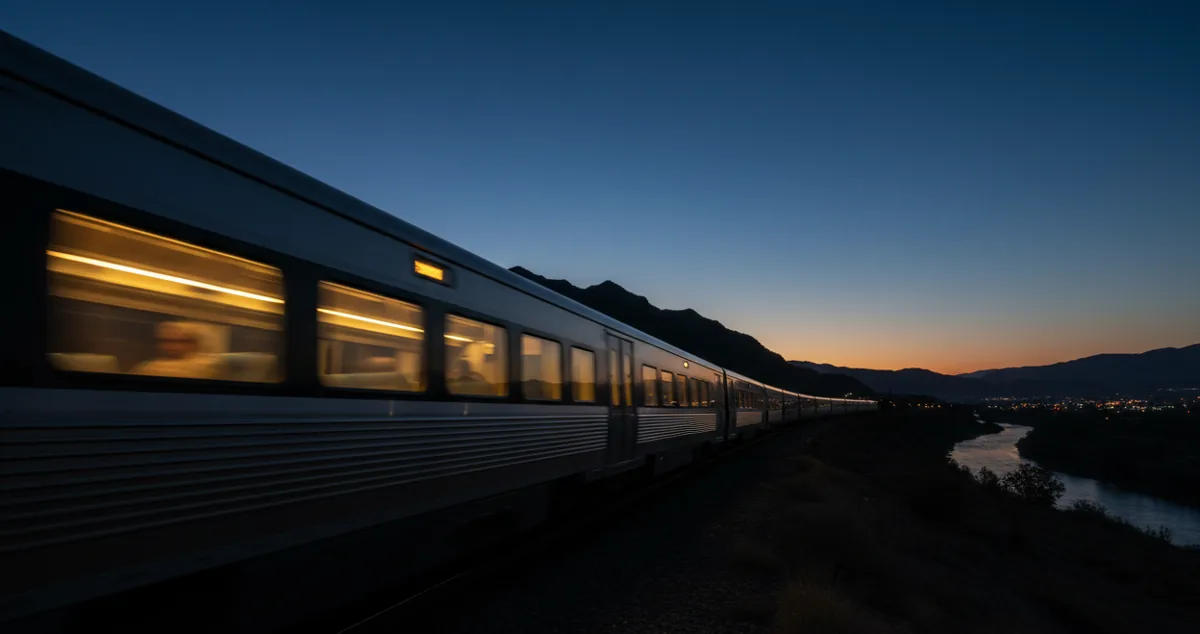 A modern passenger train in motion at twilight, seen as a blur of light against the dark sky.