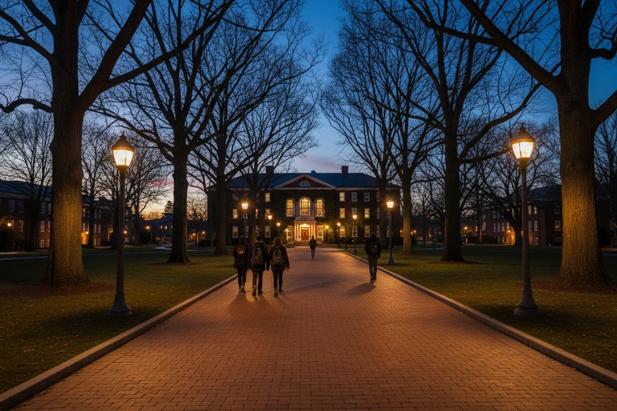 A lamp-lit brick pathway on a university campus at dusk in Newark, Delaware.
