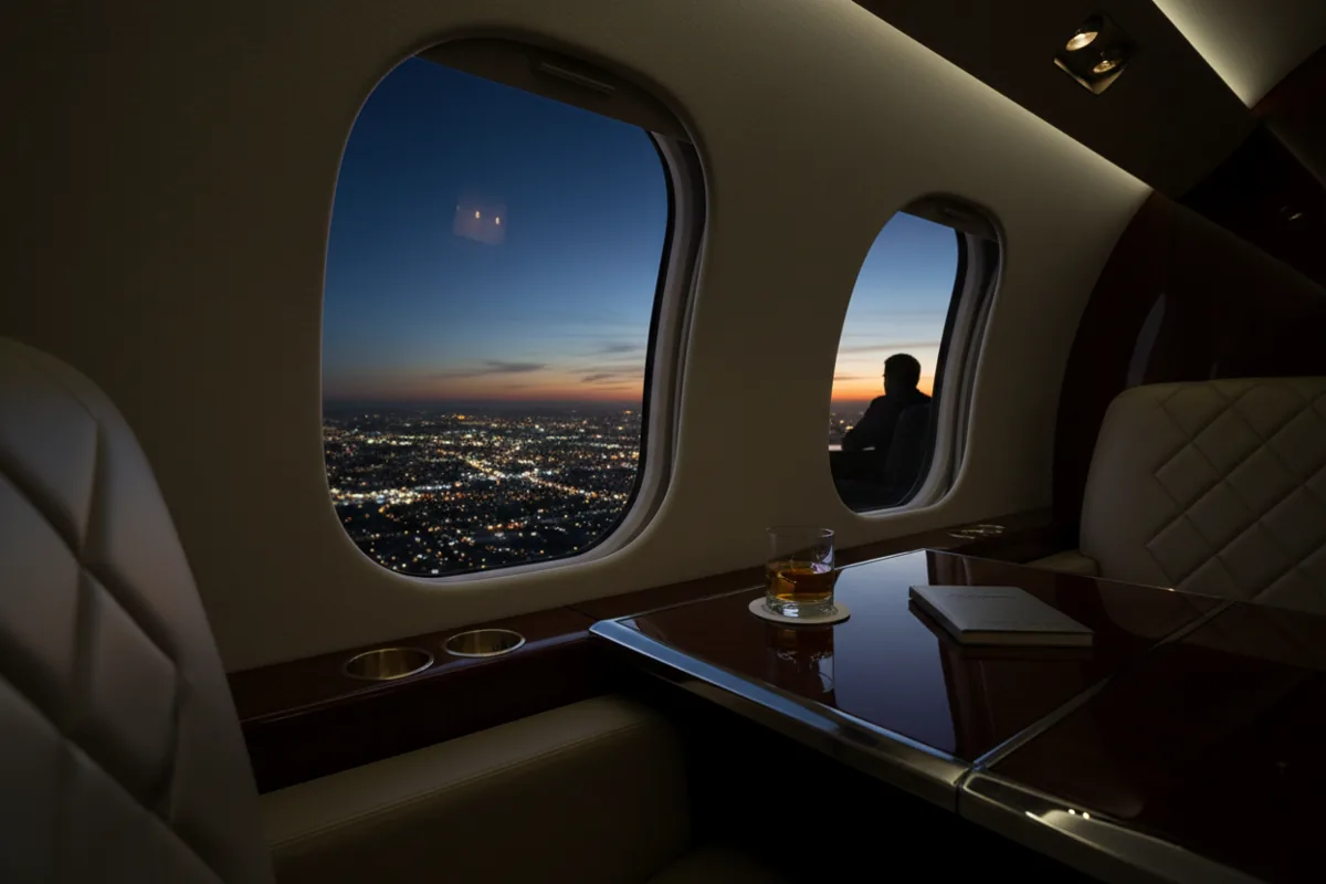 View from a private jet window at night, showing a city's lights and part of the luxury cabin interior.