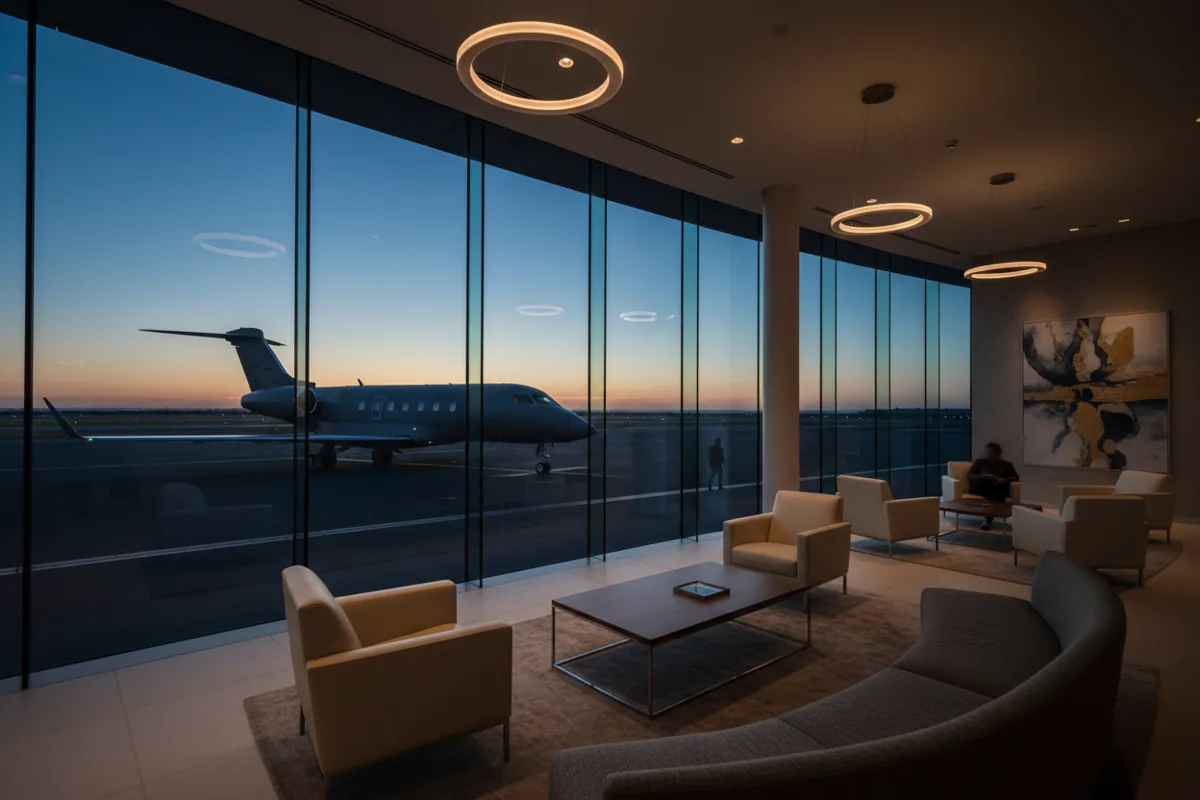 A quiet, modern airport lounge at dusk with a view of a private jet on the tarmac.