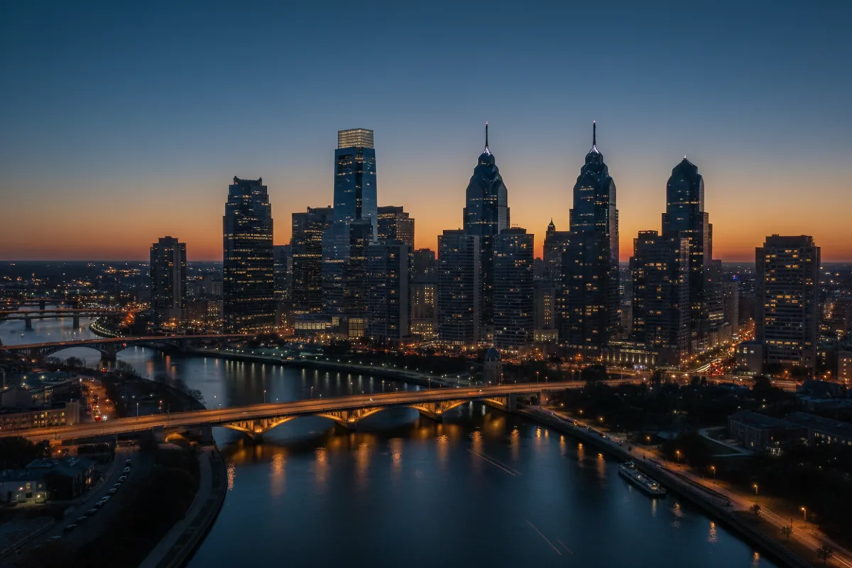 Aerial view of the Center City Philadelphia skyline over the Schuylkill River at dusk.