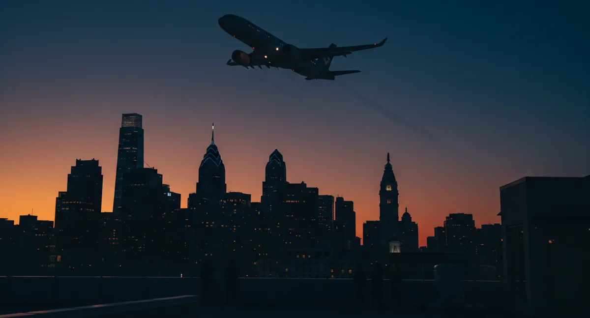 A passenger jet takes off at dusk with the Philadelphia skyline visible in the background.