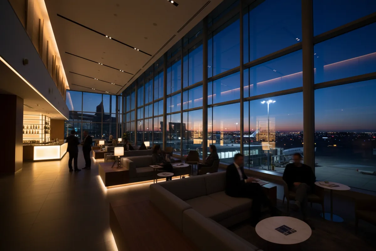 A modern airport lounge with large windows looking out onto the tarmac at dusk.