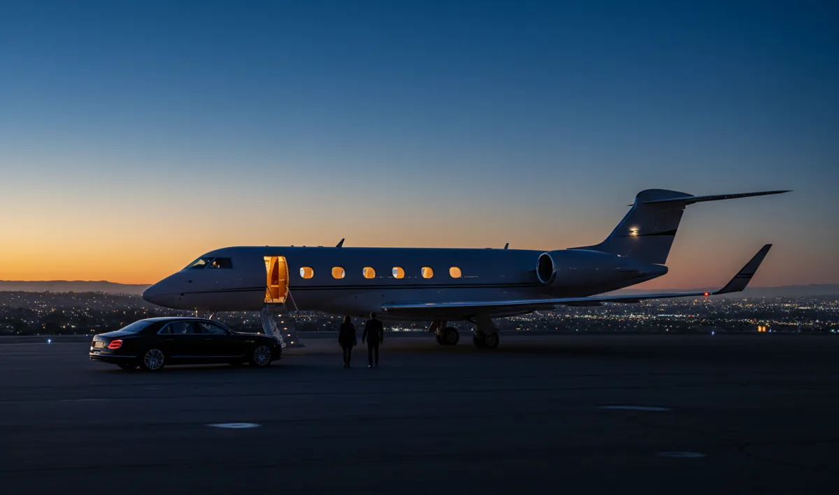 A private jet on an airport tarmac at dusk, with a luxury car waiting nearby.