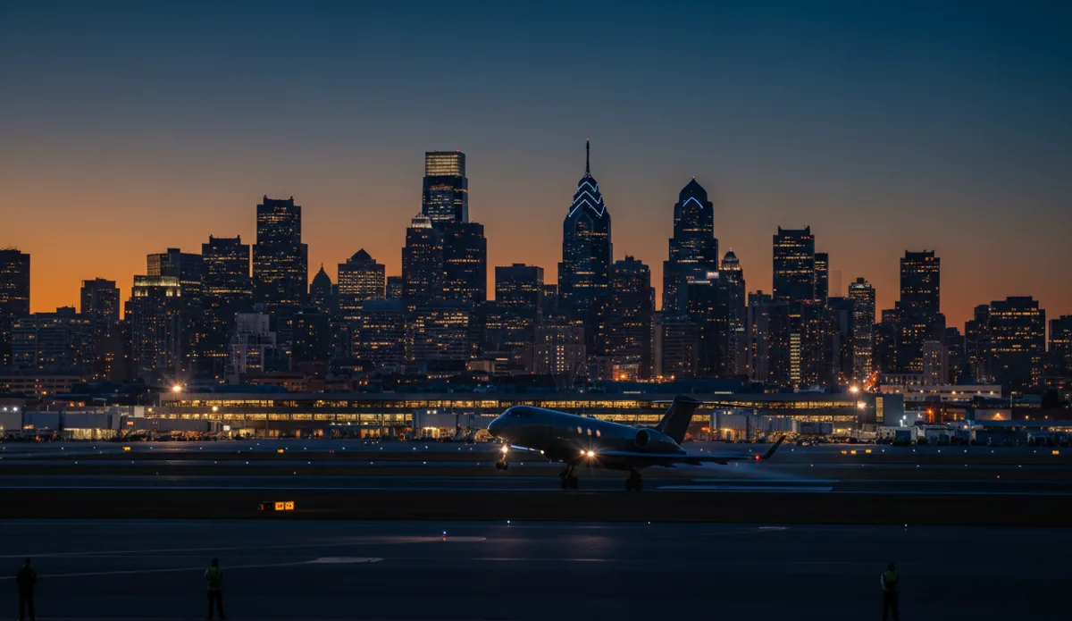 The Philadelphia skyline at dusk with a private jet taking off from a nearby airport.