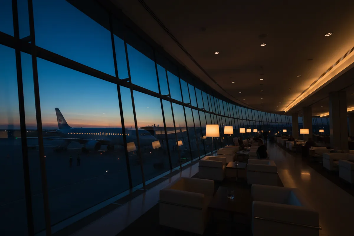 A modern airport lounge at dusk looking out at a private jet parked on the tarmac.
