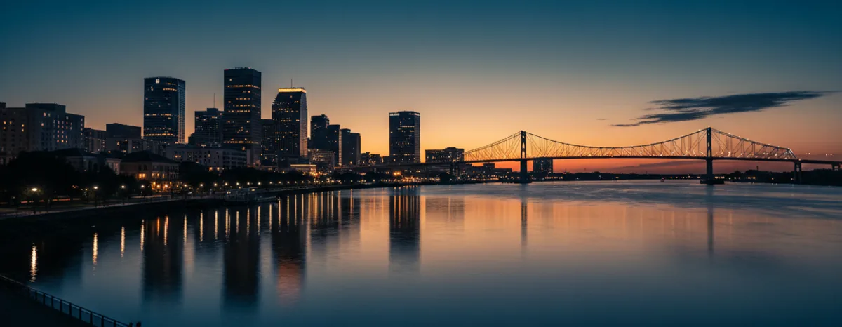 The New Orleans skyline and Mississippi River viewed from across the water at dusk.