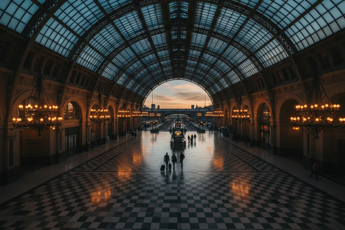 The vast, high-ceilinged concourse of a train station at dusk, with warm lighting and a few travelers.