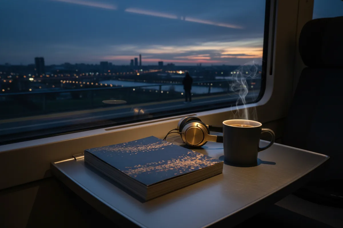 A cup of coffee and a magazine resting on a tray table on a comfortable, empty train.