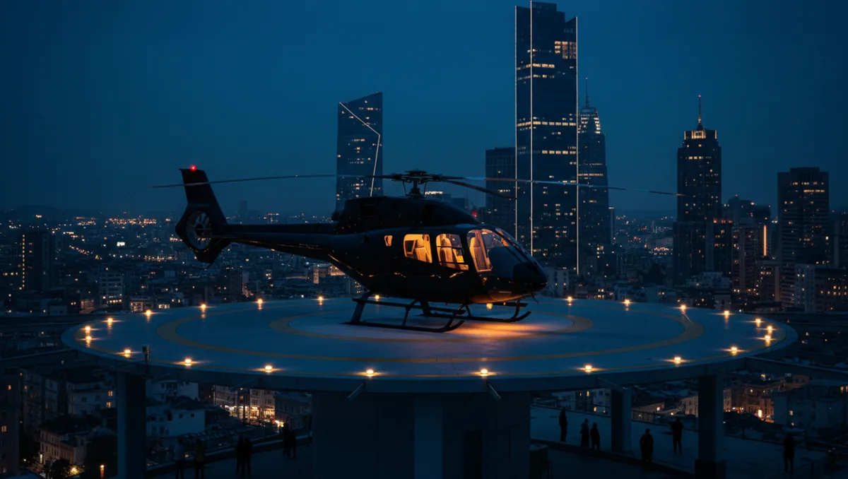 A helicopter rests on a city rooftop helipad at dusk with the skyline in the background.