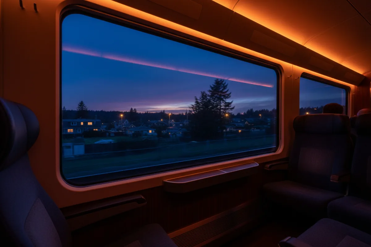 View of a twilight landscape from the window of a moving train.