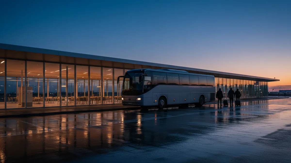 A modern bus parked outside an airport terminal at dusk.