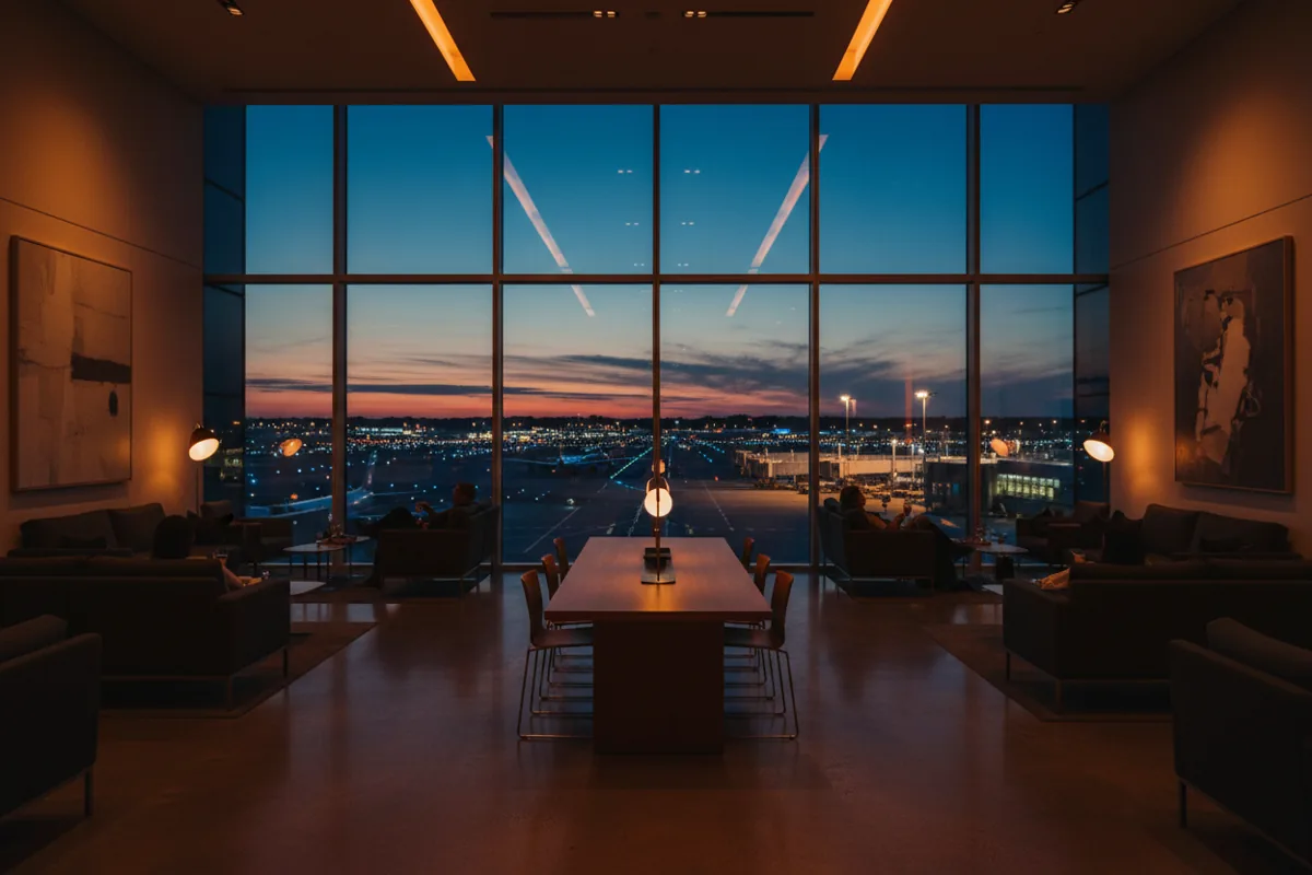 Interior of a modern airport lounge with large windows overlooking the tarmac at dusk.