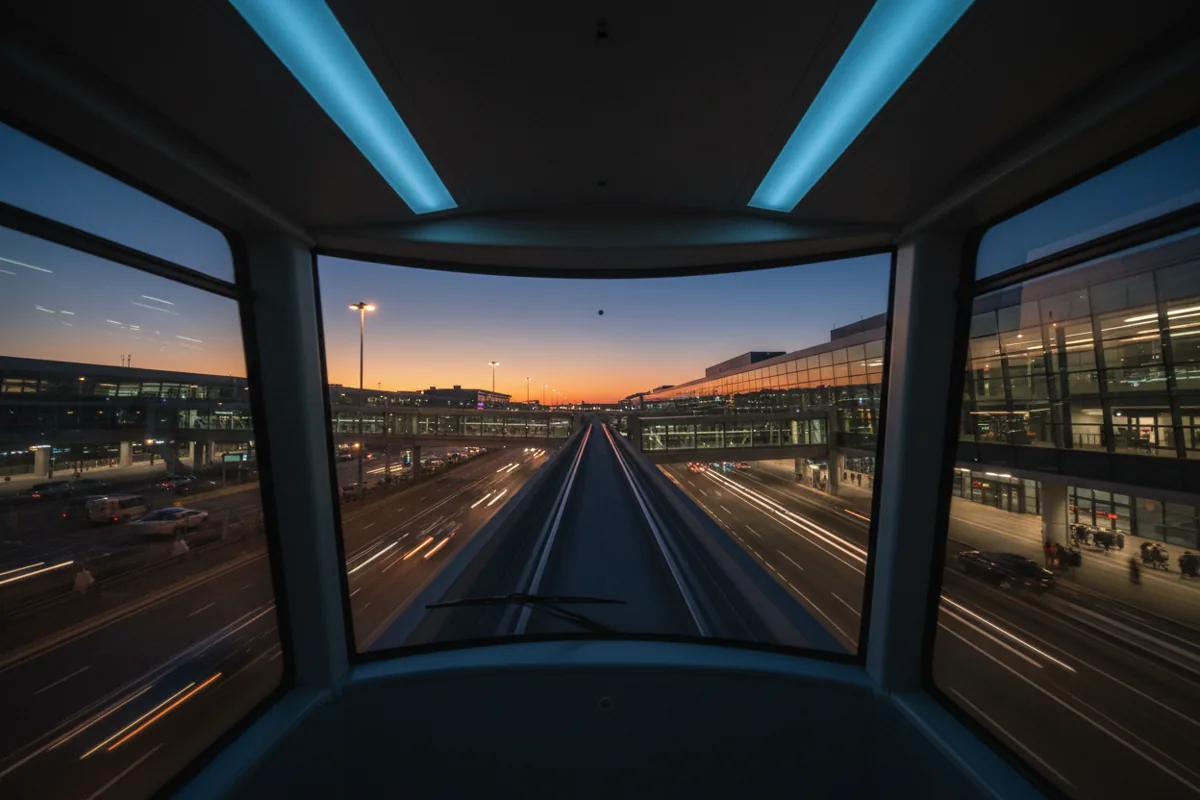 View of an illuminated airport terminal at dusk from a moving elevated train.