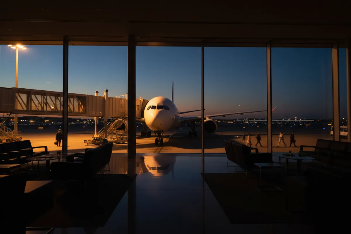 A large passenger jet connected to a jet bridge at an airport gate at night.