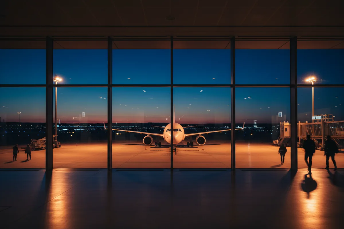 An airplane on the tarmac at dusk, viewed from inside a modern airport terminal.