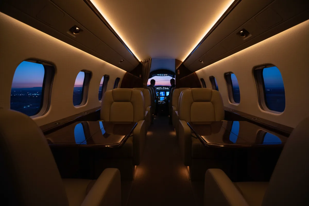 The empty, luxurious interior of a private jet cabin at night.