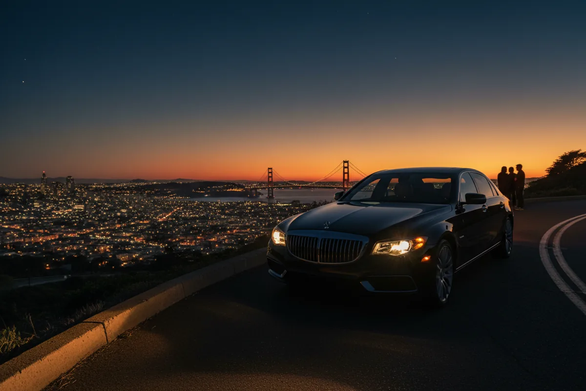 A luxury car parked on a hill with the Golden Gate Bridge in the background at twilight.