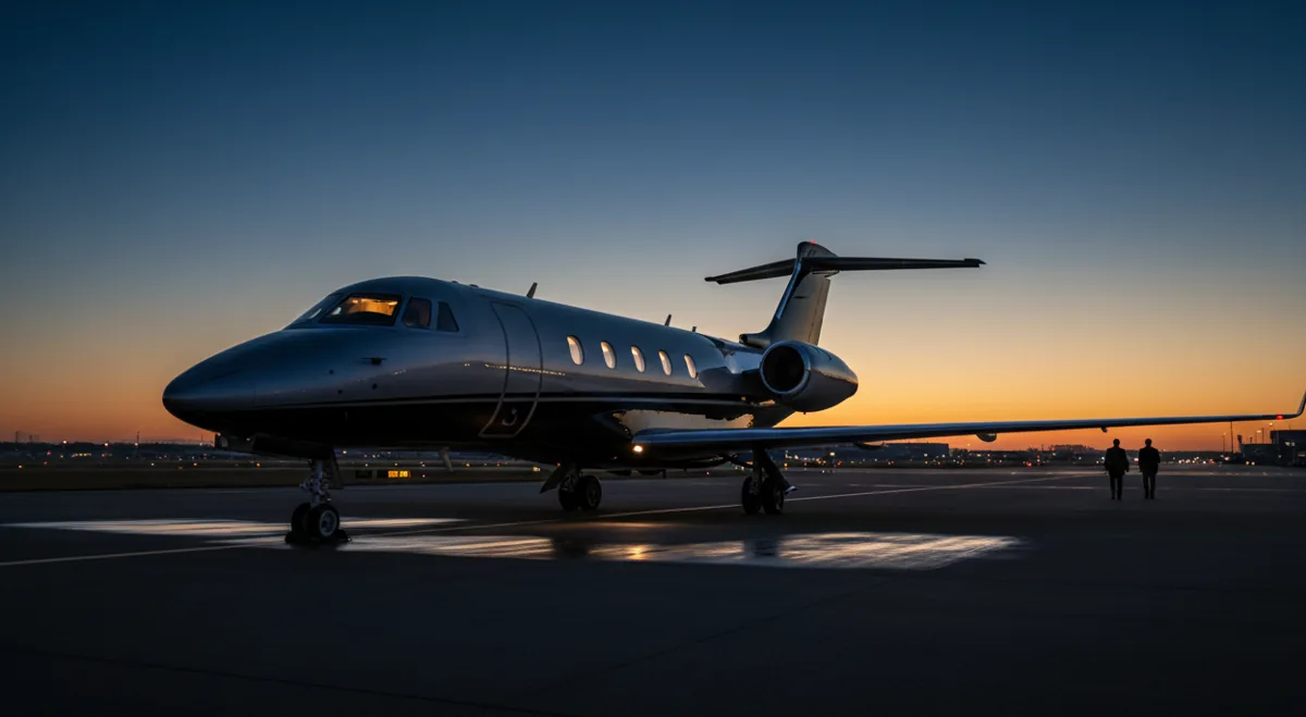 A modern private jet sits on an empty airport tarmac at sunset, its lights glowing.