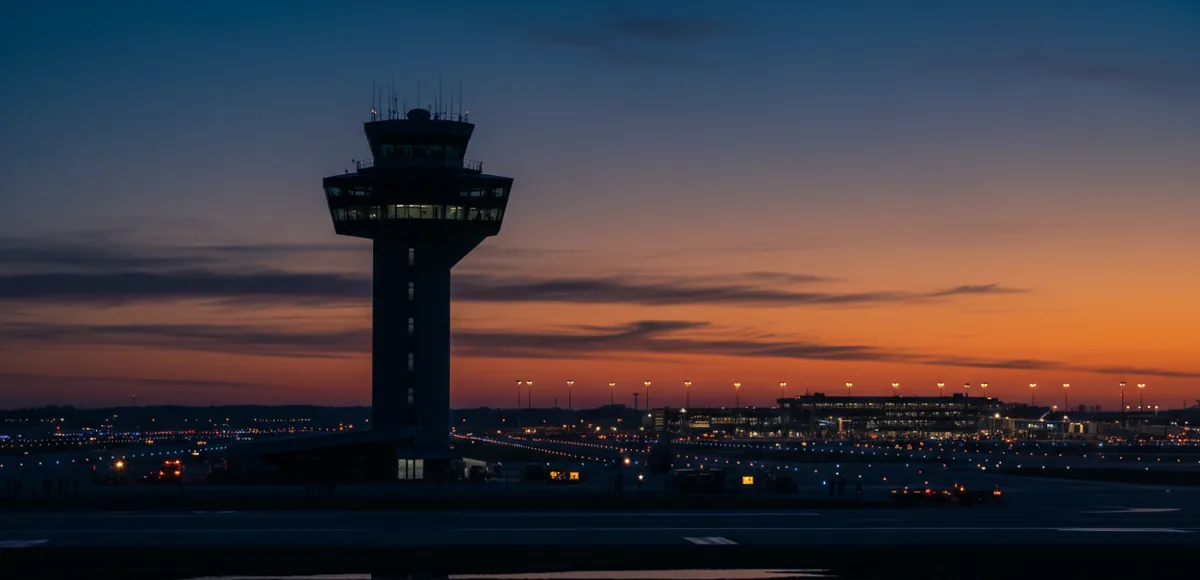 An air traffic control tower silhouetted against a sunset sky at an airport.