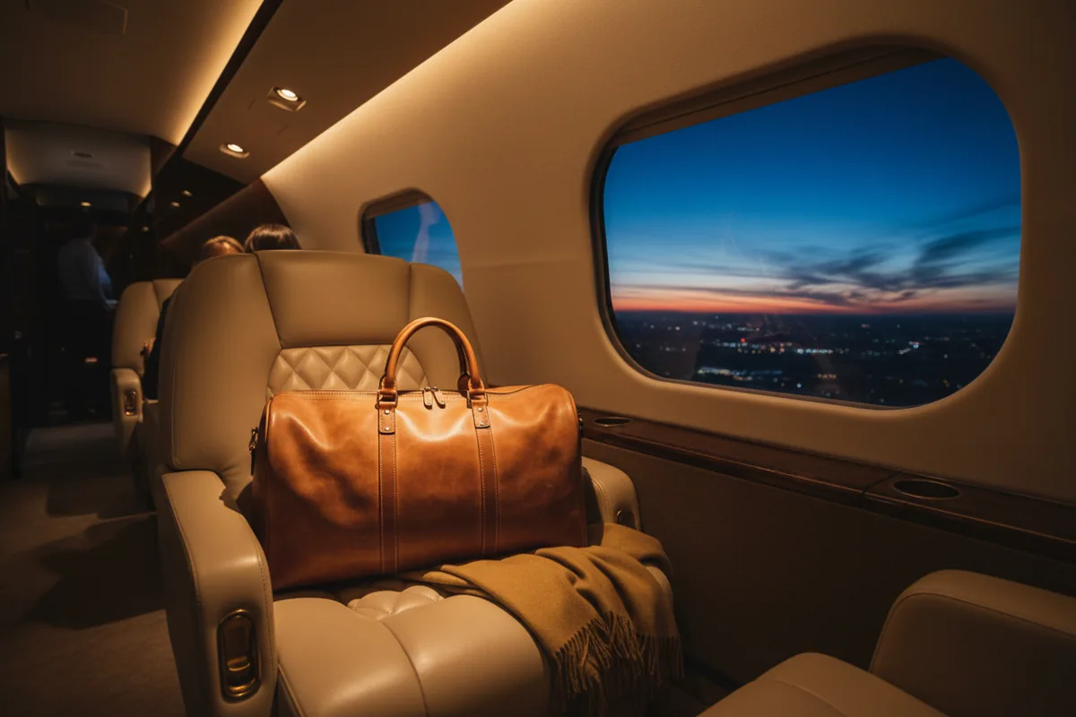 A luxury travel bag resting on a leather seat inside a private jet cabin at dusk.