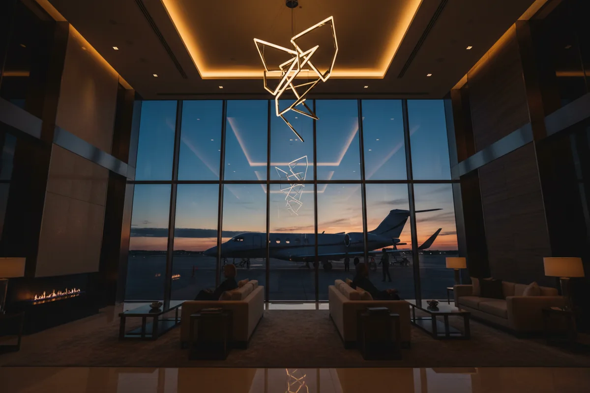 The interior of a modern private airport lounge at dusk, with a jet visible on the tarmac outside.
