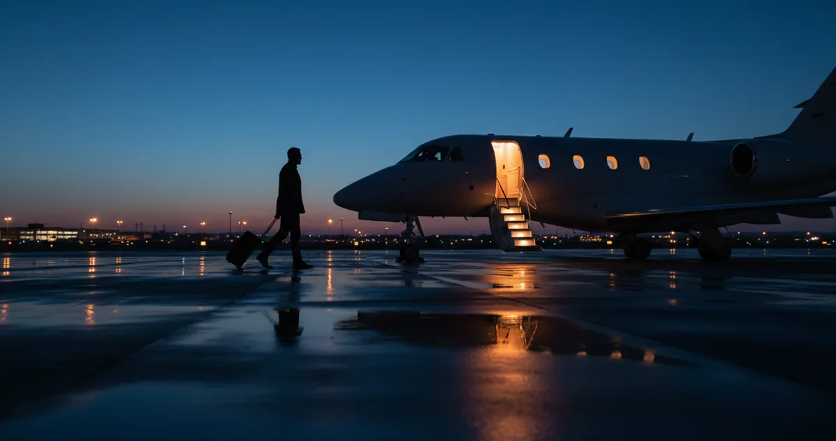 A passenger walks across the tarmac at night towards the glowing stairs of a private jet.