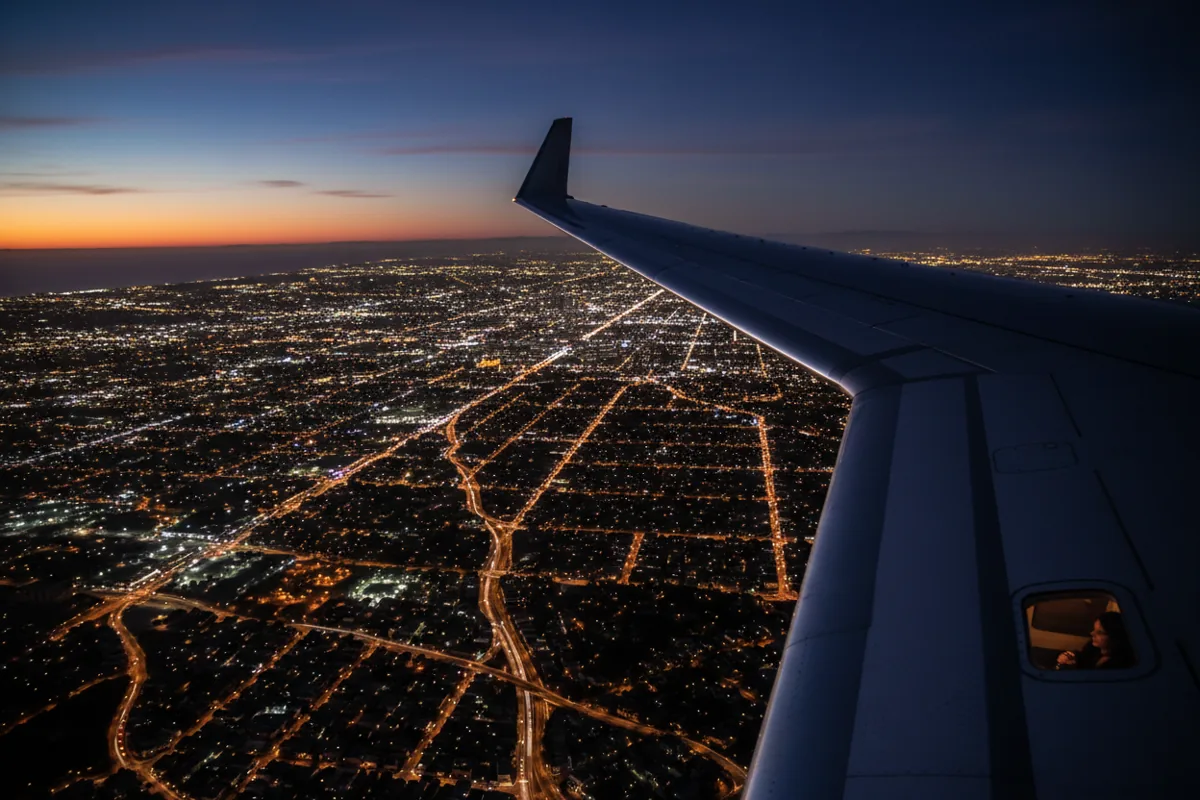 An aerial view of a city's glittering lights at night, seen from the wing of a private jet.