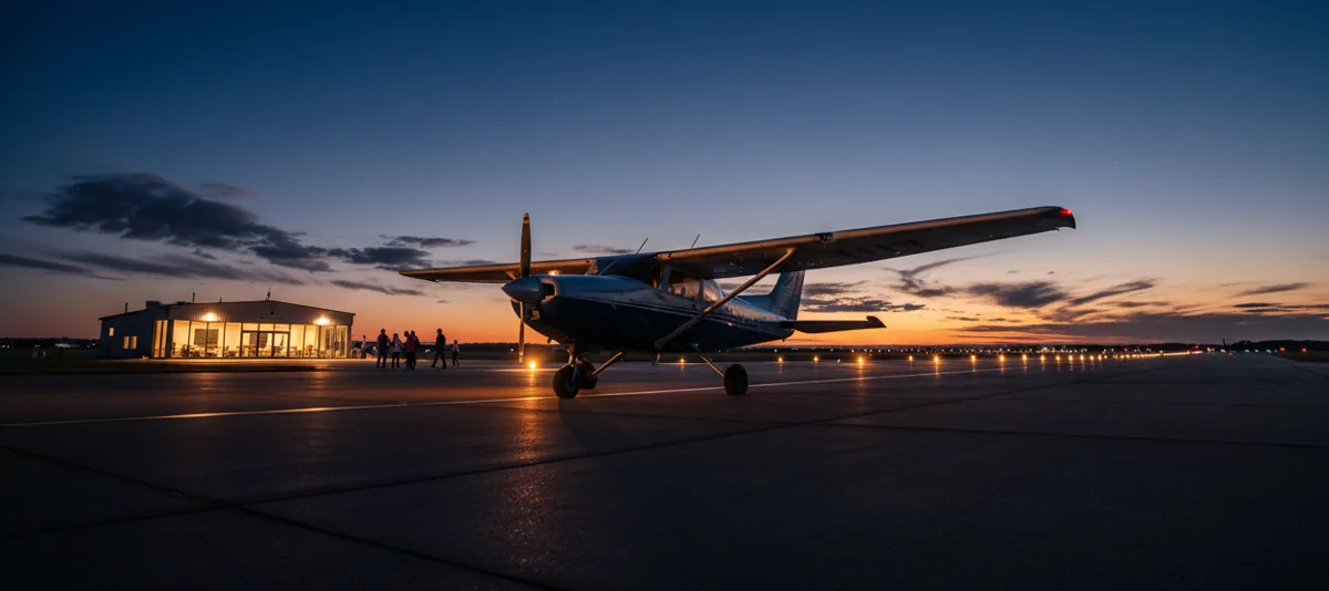 A small single-engine airplane parked on a tarmac at twilight.