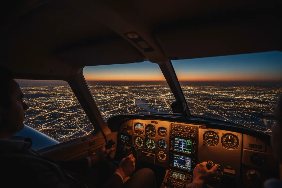 The view from a small airplane cockpit flying over a city at night.
