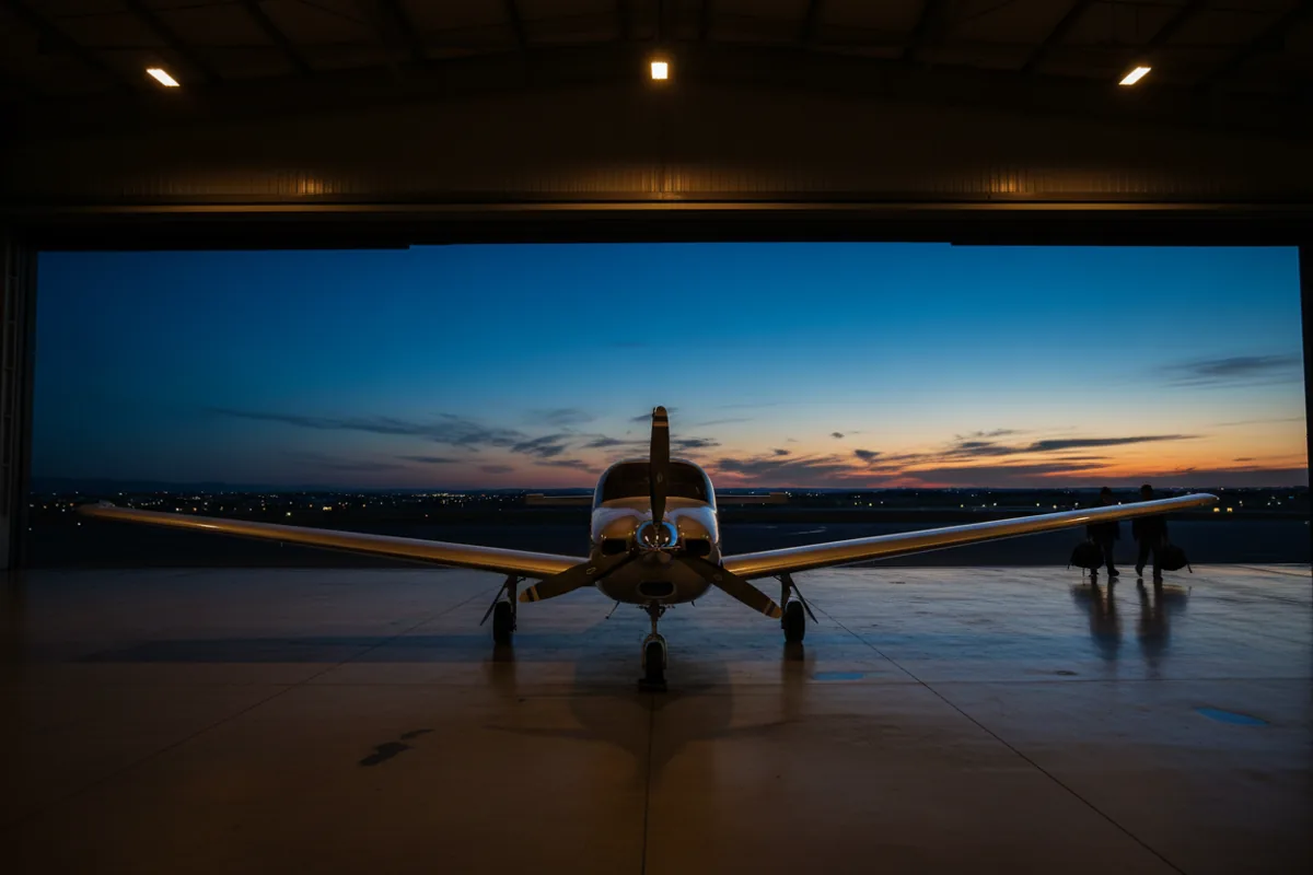 A small airplane inside a brightly lit hangar at dusk, with the hangar door open.