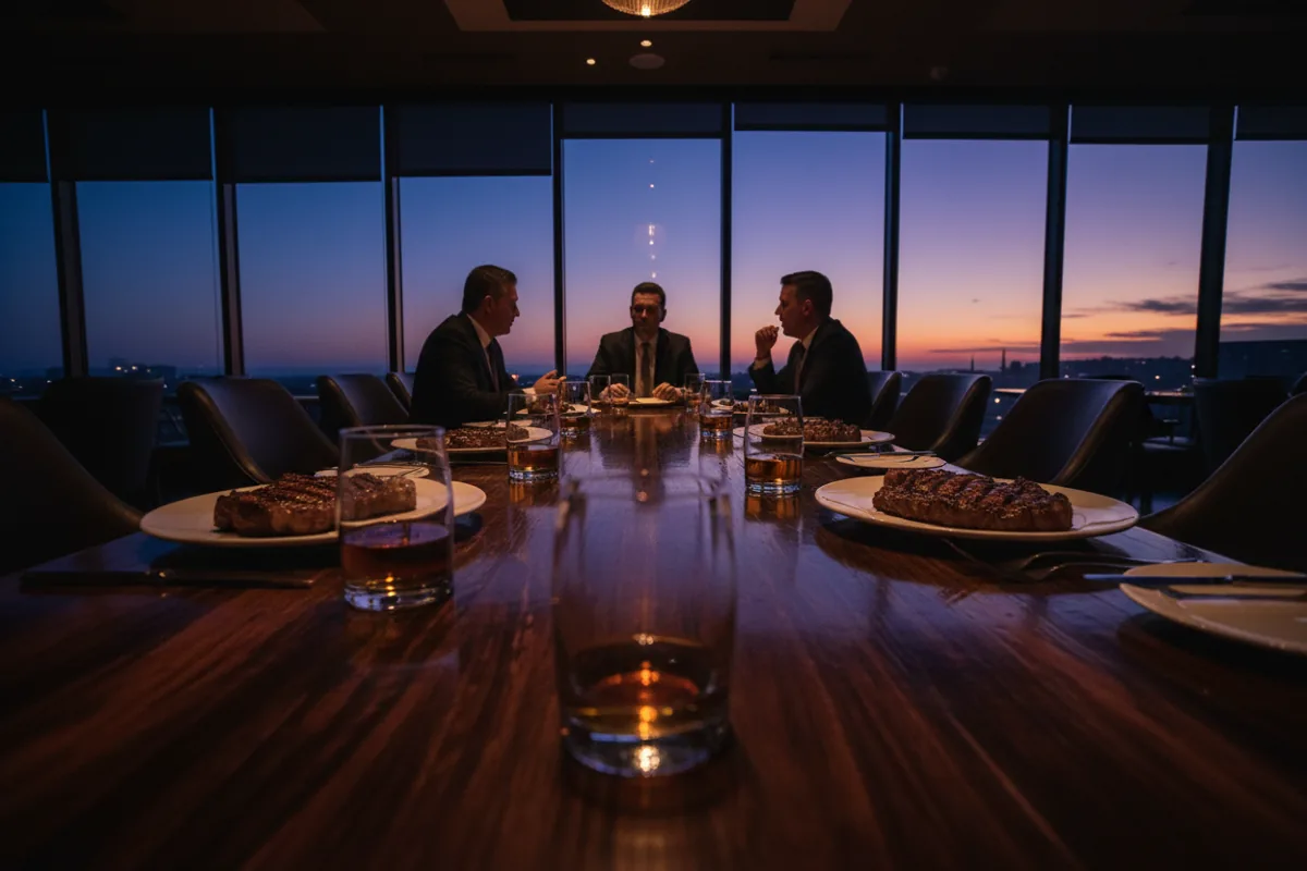 A dimly lit steakhouse table set for dinner with plates of food and glasses of whiskey.
