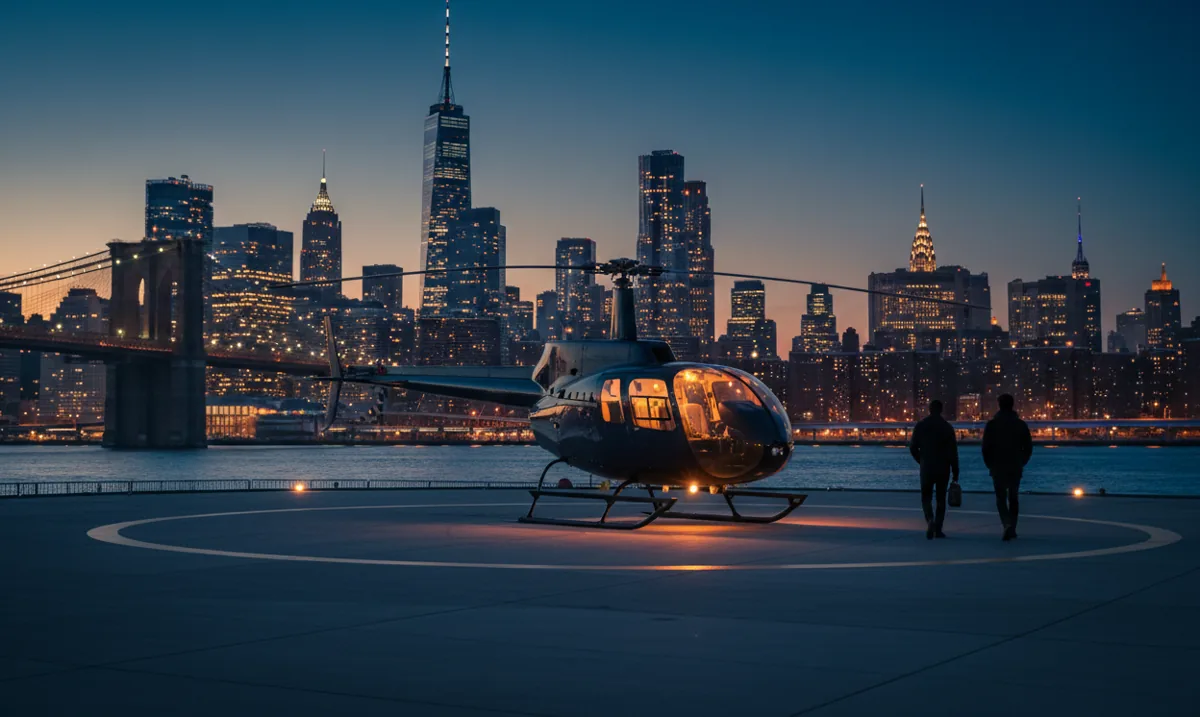 A helicopter on a city helipad at twilight, with the illuminated Lower Manhattan skyline in the background.
