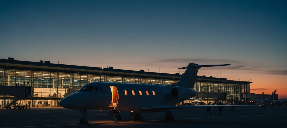 A private jet on an airport tarmac at dusk, with a modern terminal in the background.