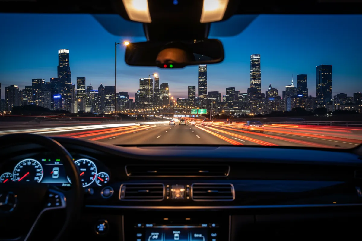 View from a car driving towards a city skyline at night, with light trails from traffic.