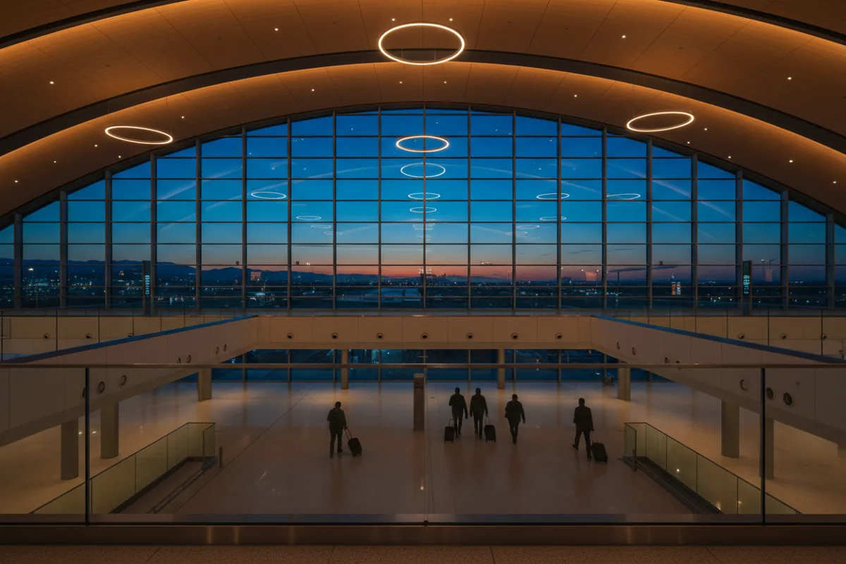 Interior of a modern, spacious airport concourse at night, with a few travelers walking below.
