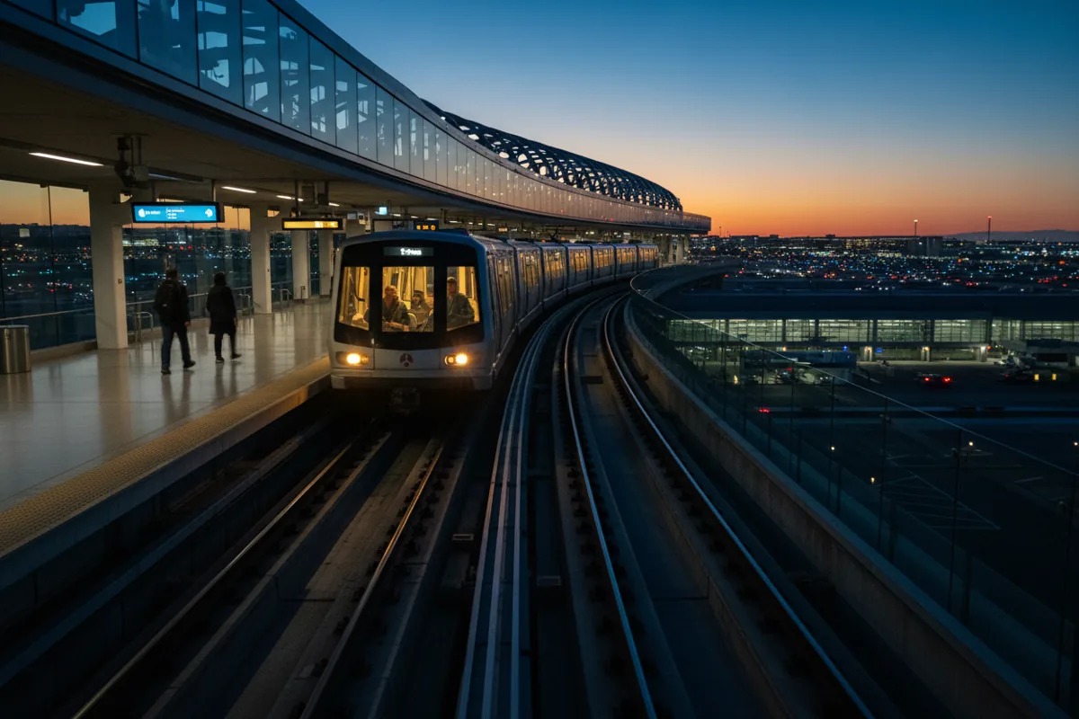 An airport train arriving at an elevated station at twilight, with airport lights in the background.