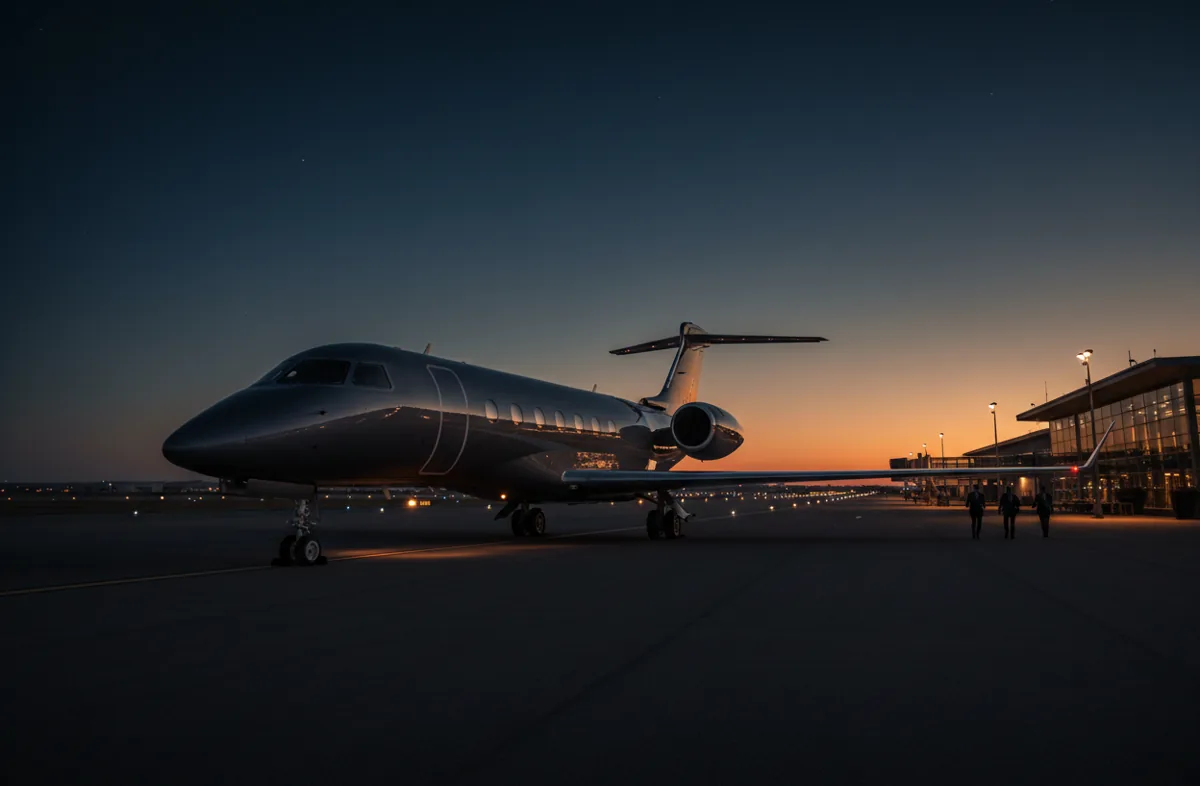 A private jet parked on an empty airport tarmac at sunset.