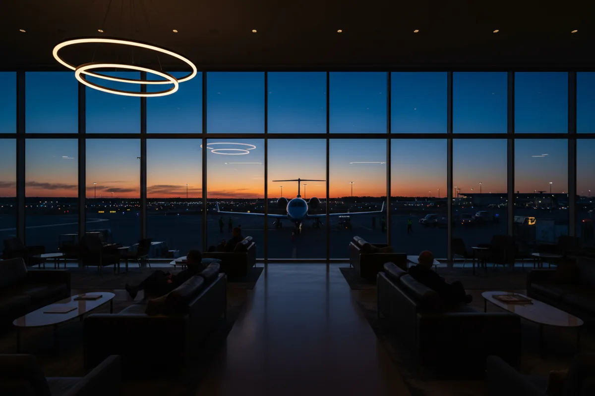 A private jet on the tarmac at twilight, seen through the window of a modern airport lounge.