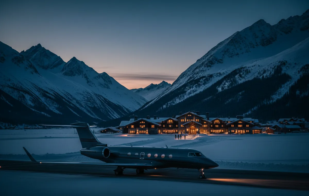 A private jet on the runway of a snowy mountain airport at dusk, with a ski lodge nearby.