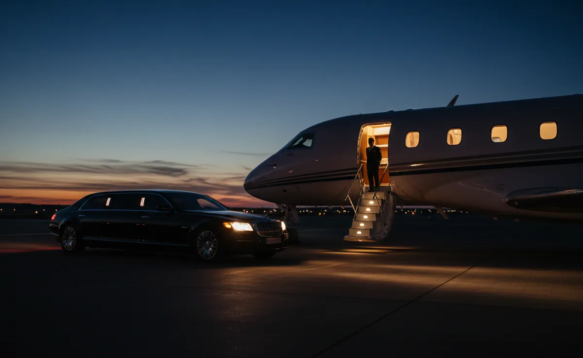 A luxury car arriving next to a private jet on the tarmac at twilight for boarding.