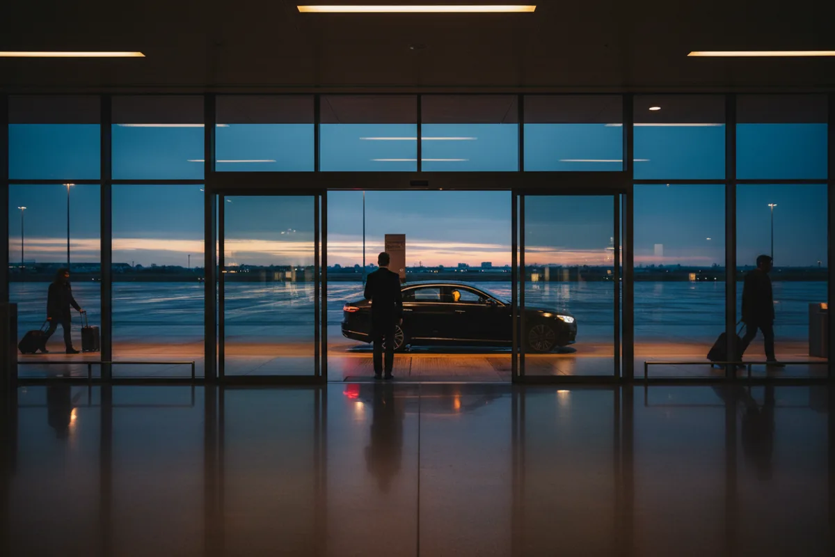 A chauffeur waits in a modern airport terminal at twilight, with a luxury car visible just outside the glass doors.