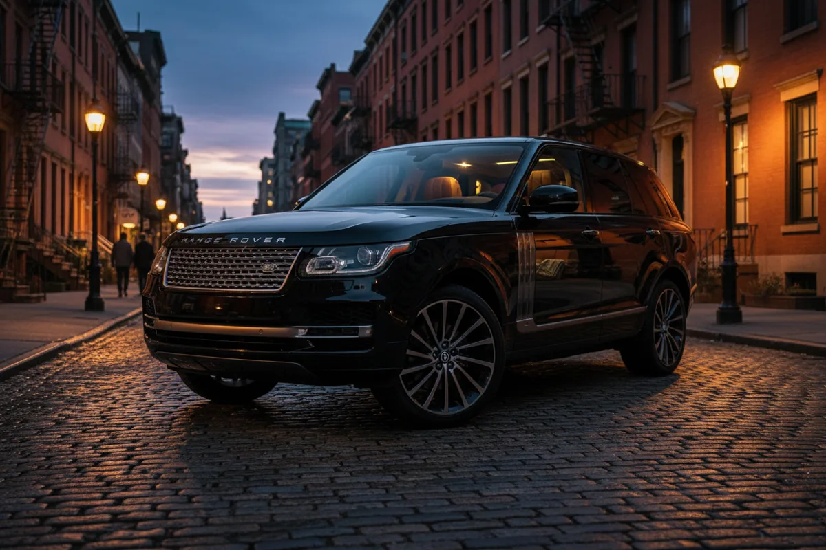 A luxury SUV with a glowing interior is parked on a cobblestone New York City street at dusk.