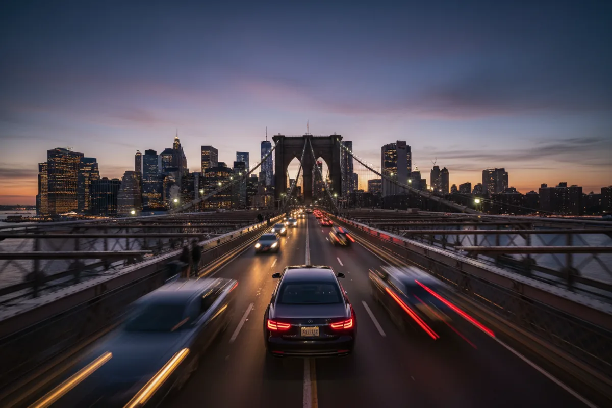 A car drives across a bridge toward a glowing city skyline at twilight, shown with motion blur.