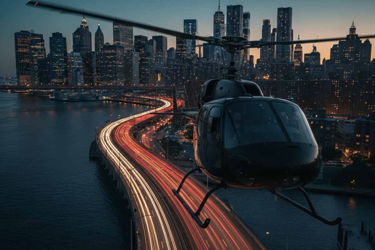 A helicopter flies over a river toward the Manhattan skyline at dusk, bypassing traffic on a bridge below.