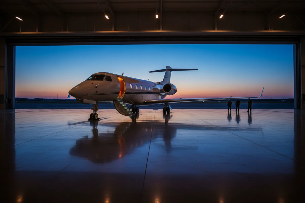 A Gulfstream-style private jet parked in a hangar at twilight with its airstairs down and cabin lights on.