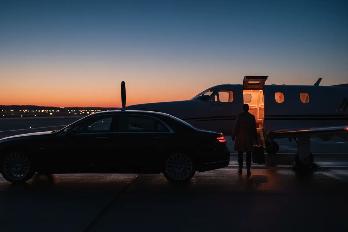 A person steps from a luxury car directly onto the tarmac next to a waiting private turboprop plane at dusk.