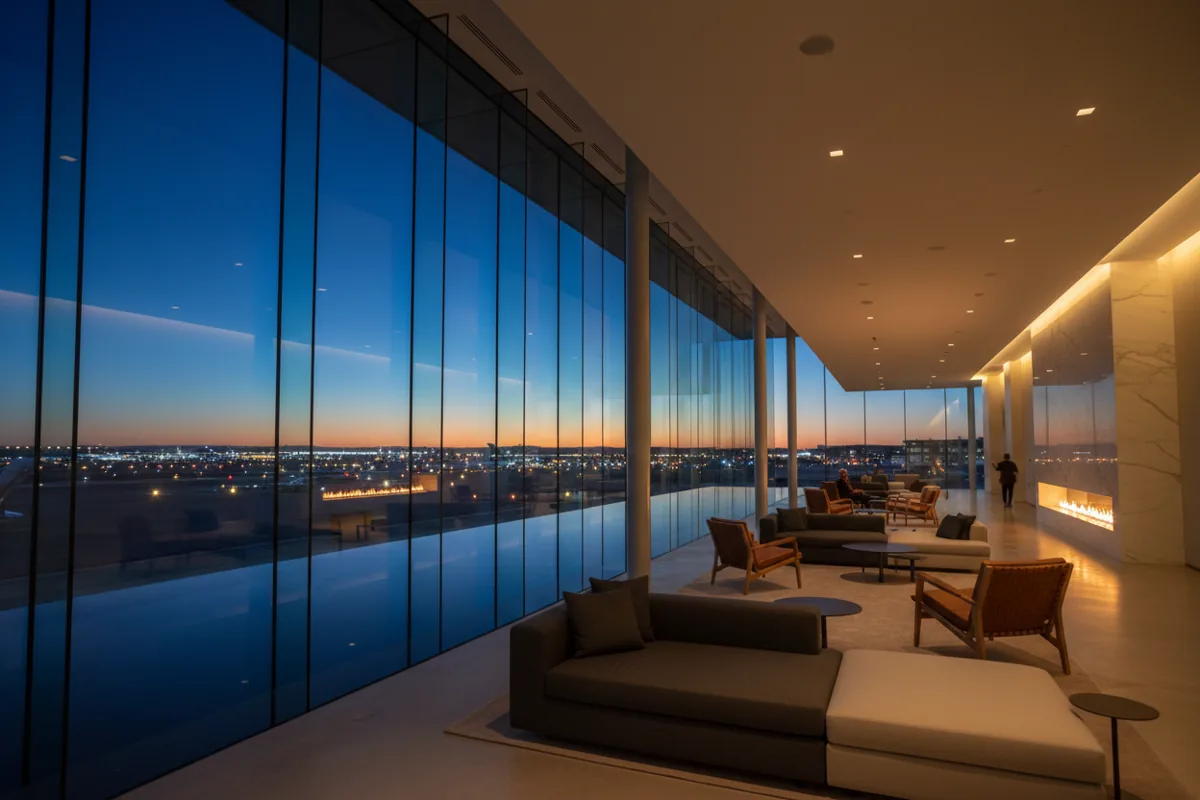 A modern private airport lounge with large windows looking out onto the airfield at dusk.