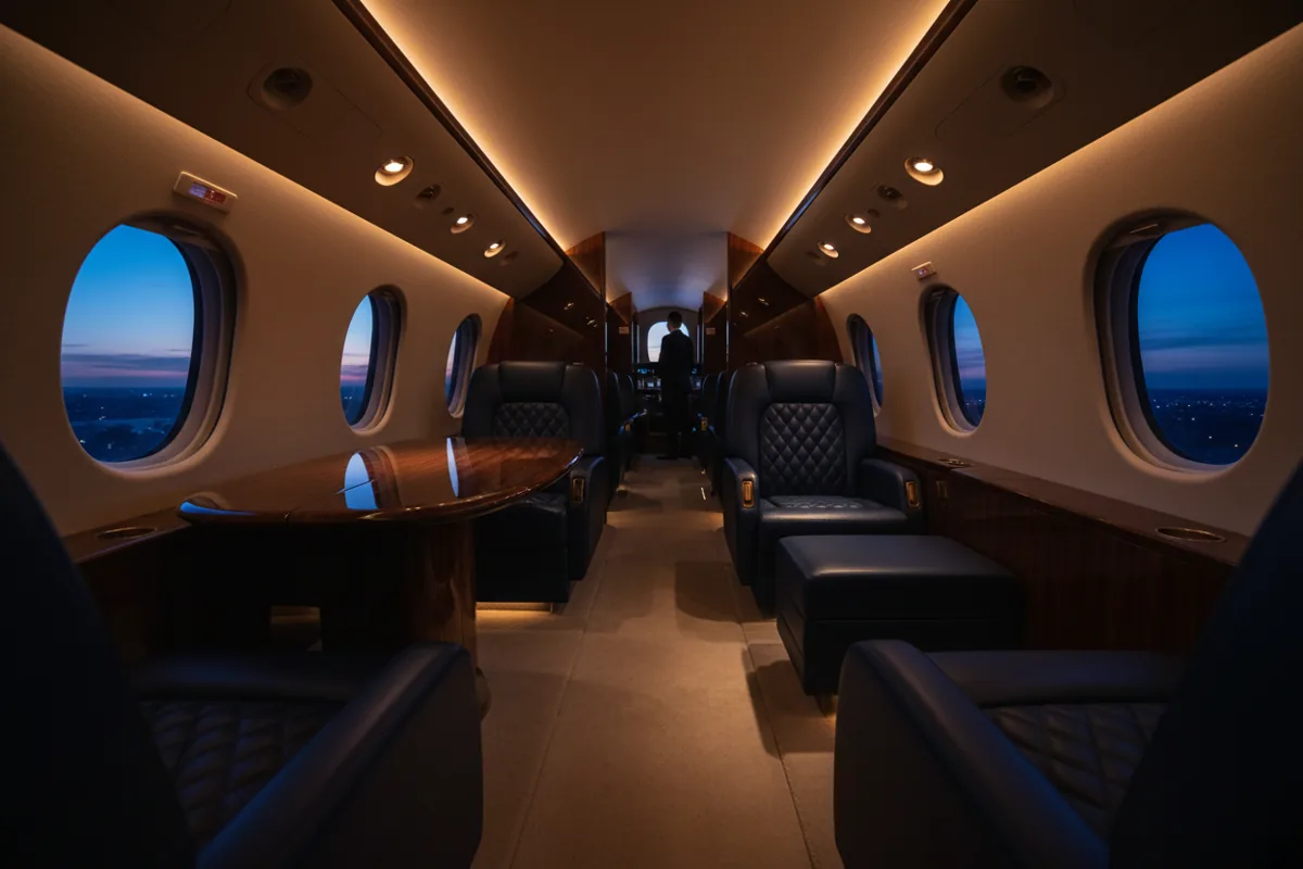 The luxurious interior of a private jet cabin with plush seats and warm ambient lighting.