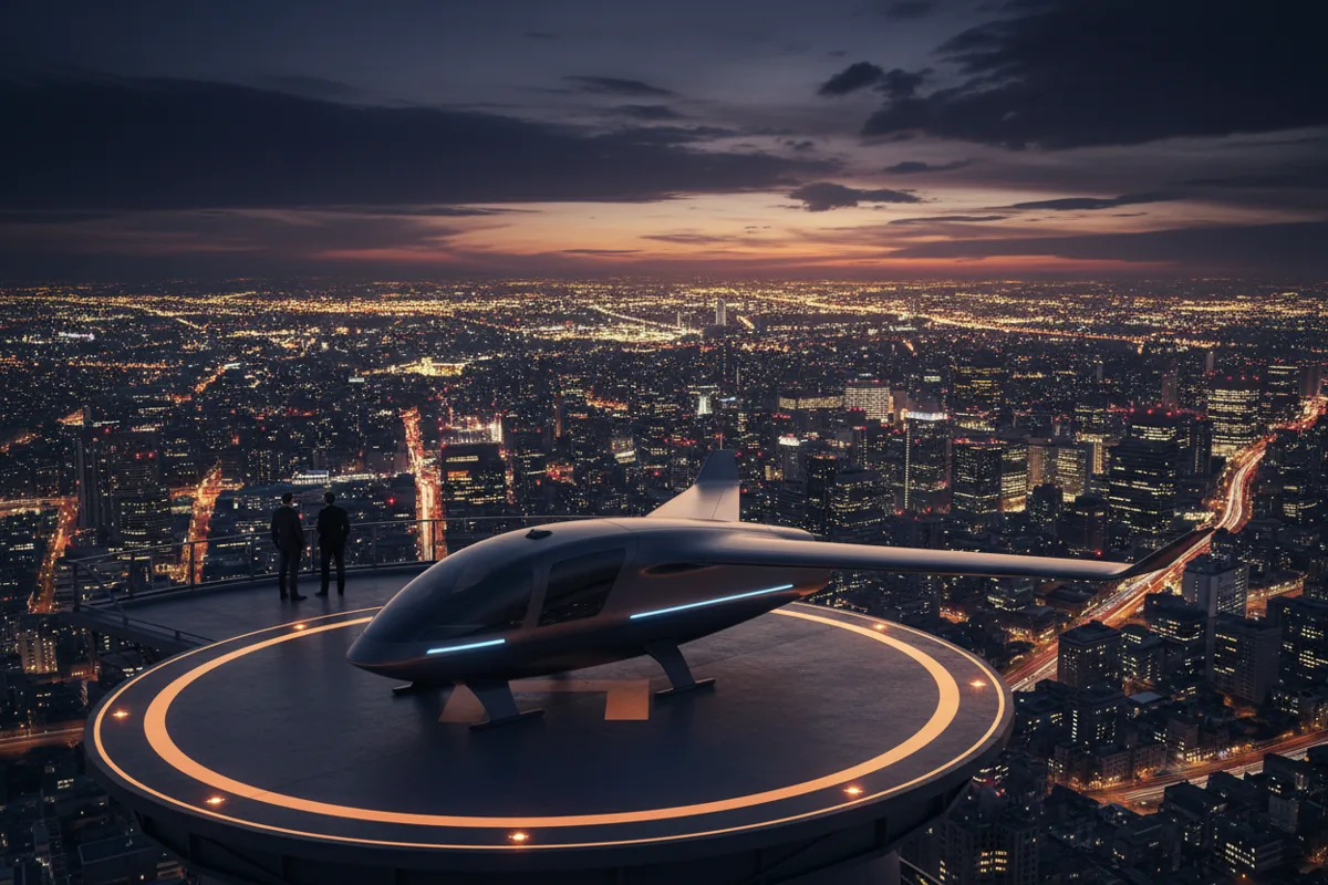 A futuristic eVTOL aircraft on a city rooftop helipad at twilight.